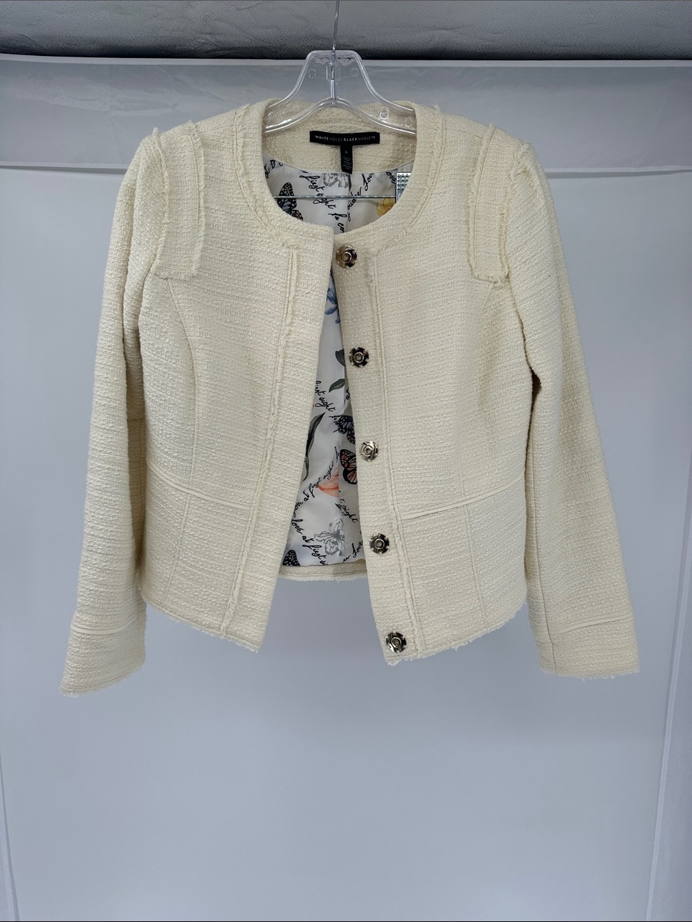 White House Black Market Cream Bouclé Collarless Blazer